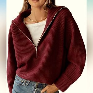 BTFBM Casual Long Sleeve Half Zip Pullover Sweaters Ribbed Burgundy, Sz Medium